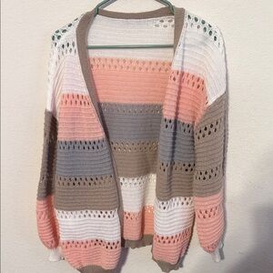 Pink Color block Striped Open-Front Cardigan